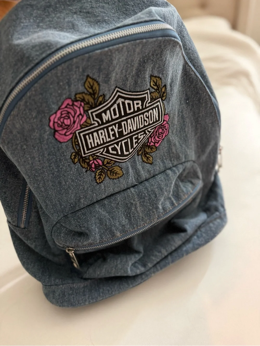Harley-Davidson Denim Blue Backpack with Pink Rose Patch